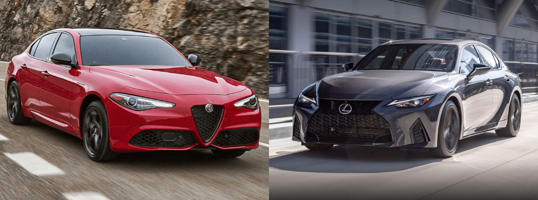 Front view of the 2023 Alfa Romeo Giulia and 2023 Lexus IS